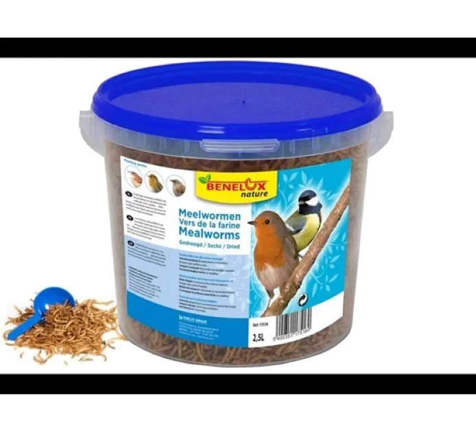[127672] Vers de farine séchés seau  375 g pour oiseaux de jardin et les poules. (+/- 2.5 litres)