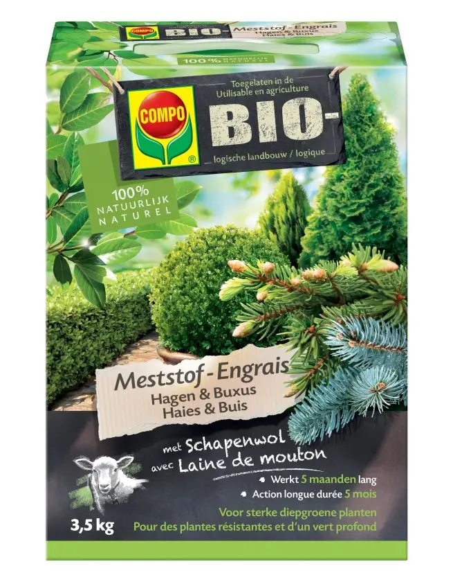 Compo Engrais haies et buis BIO 3.5 kg à base de laine de mouton.