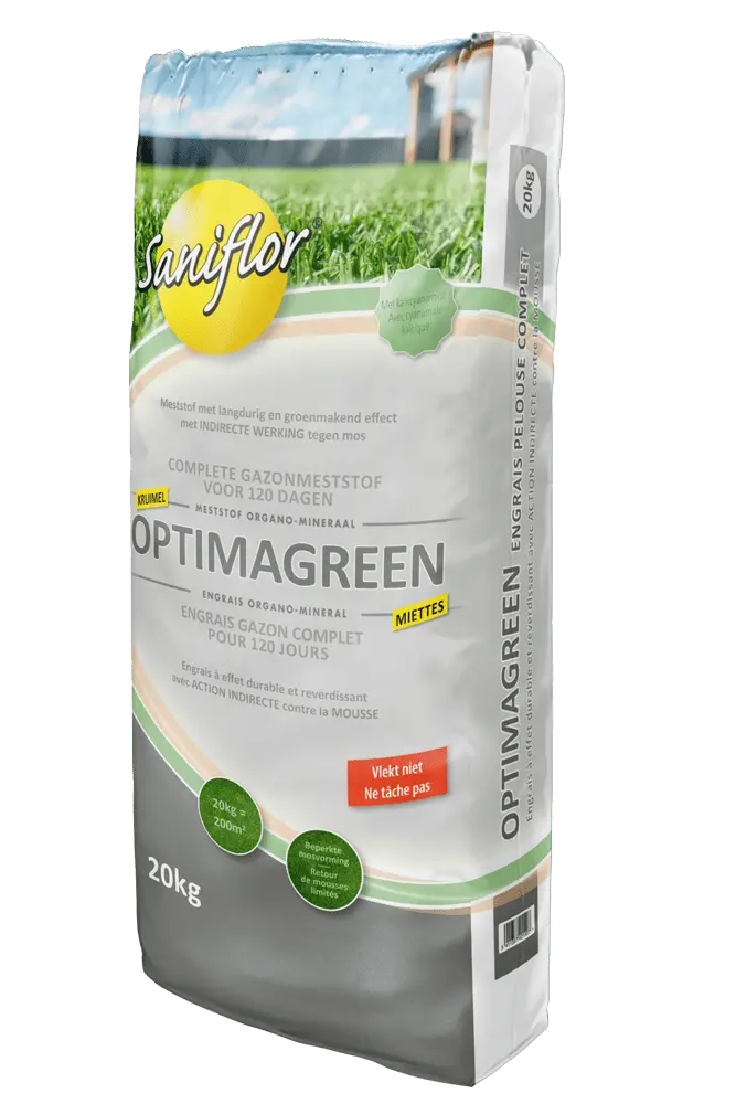 Sani Engrais gazon Optimagreen 20 kg - action indirecte contre les mousses et les mauvaises herbes