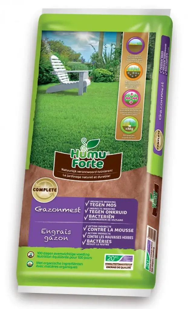 HumuForte Engrais gazon 10kg BIO 4 en 1 + bacteries (V4) ** Combat les mousses et les mauvaises herbes*
