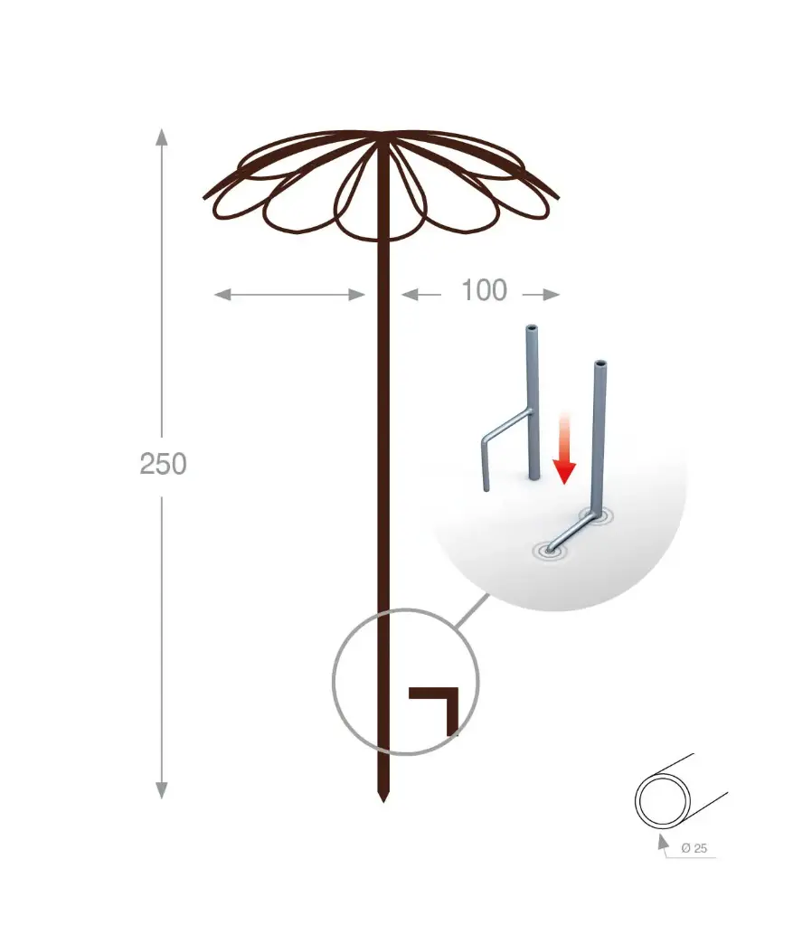 Tuteur parapluie 9 pétales (3646) Fer Vieilli diam 1 m ht tot 2.5 h sol 2