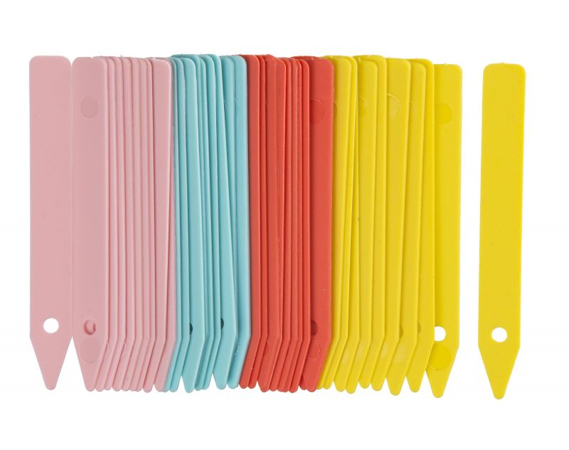 Etiquettes (40) à piquer (bleu, jaune,rose,rouge) - H10 cm -
