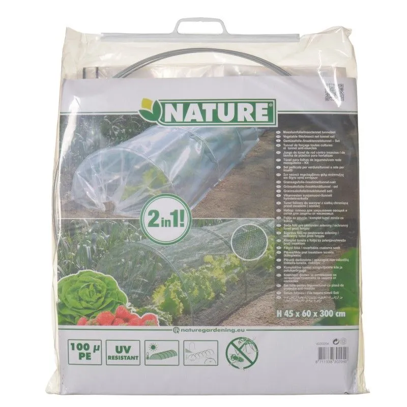 [1000701] Kit tunnel DUO film de forçage LDPE 100µ 2x10 m + 6 arceaux métal + filet anti-insectes maille 2x4mm - H0,45 x 0,60 x 3 m