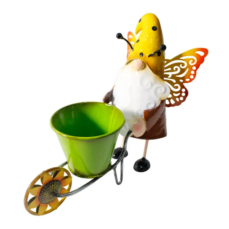 Nain de Jardin avec brouette pot en métal vert