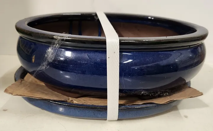 [1002402] Pot bonsaï émaillé Bleu ovale l 19; L 25.5; ht 9 cm avec soucoupe incluse