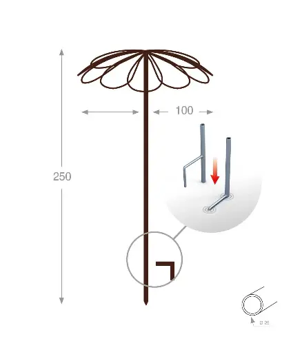 [110629] Tuteur parapluie 9 pétales (3646) Fer Vieilli diam 1 m ht tot 2.5 h sol 2