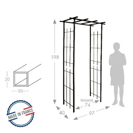 [141769] Arche Pergola tube carré 20 fer vieilli (3046) Passage 97, l 40, Ht 198 cm